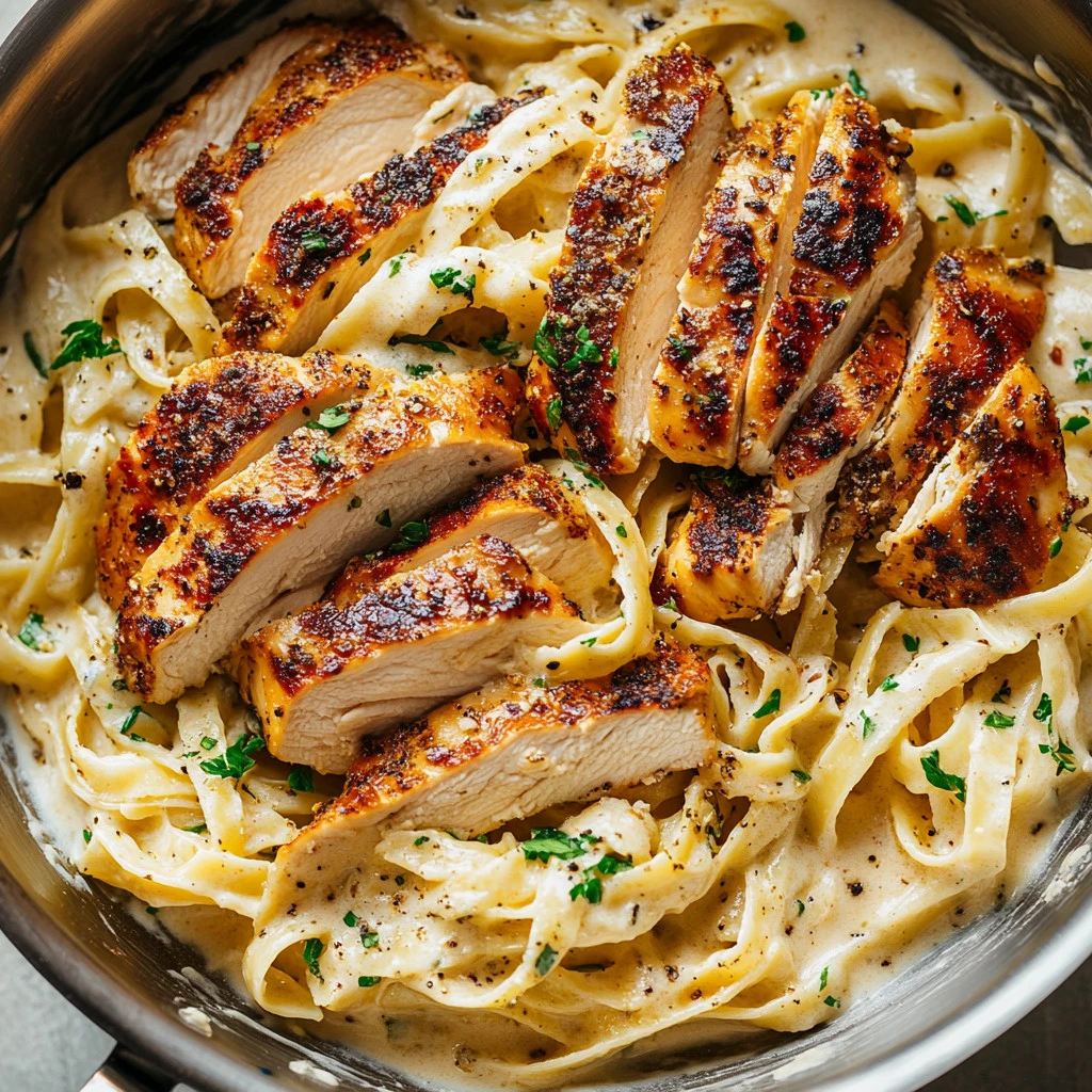 Delicious creamy lemon chicken pasta served in a bowl with herbs and lemon slices.