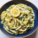Creamy lemon zucchini pasta dish garnished with fresh herbs.