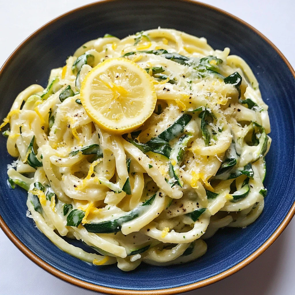 Creamy lemon zucchini pasta dish garnished with fresh herbs.