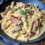 Delicious creamy steak pasta served in a bowl with herbs and parmesan