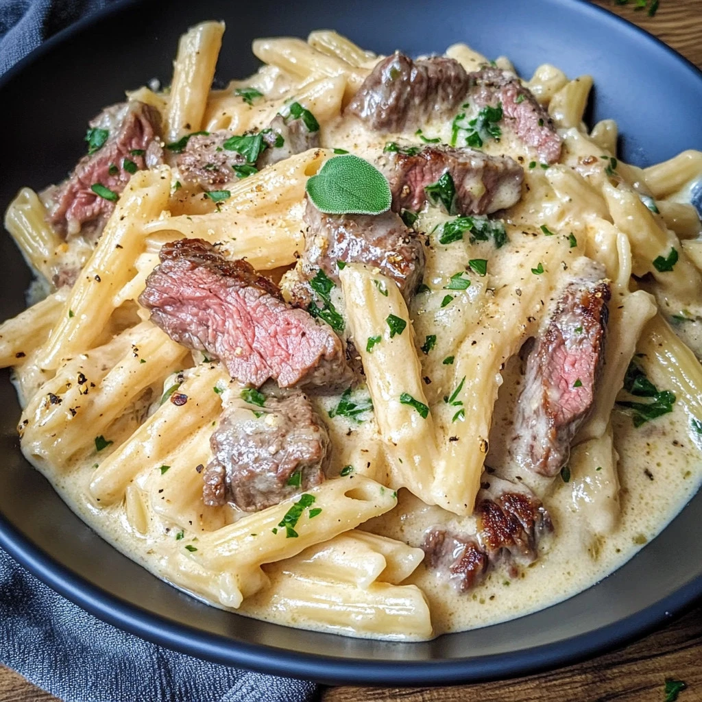 Delicious creamy steak pasta served in a bowl with herbs and parmesan