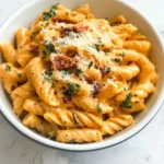 Delicious creamy sun dried tomato pasta served in a bowl with fresh basil