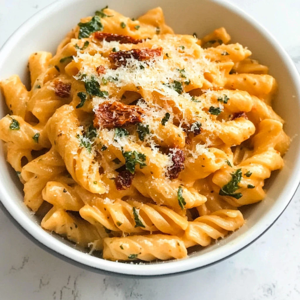 Delicious creamy sun dried tomato pasta served in a bowl with fresh basil