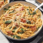 Creamy tomato and spinach pasta dish garnished with fresh herbs