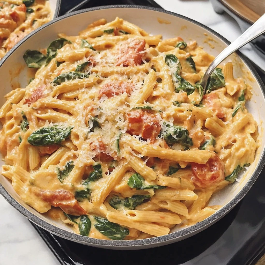 Creamy tomato and spinach pasta dish garnished with fresh herbs