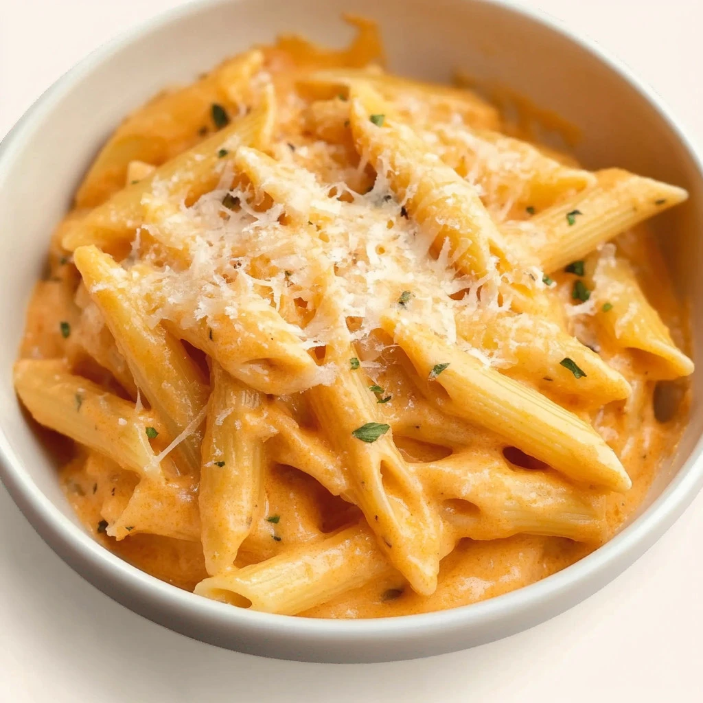 Creamy tomato pasta dish garnished with fresh basil and cheese