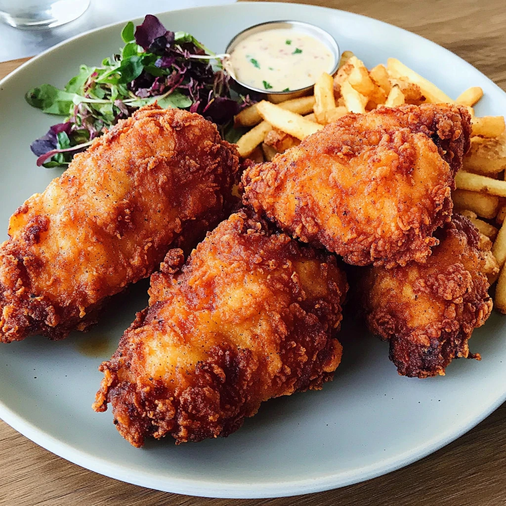 Delicious crispy fried chicken served with dipping sauce on a plate