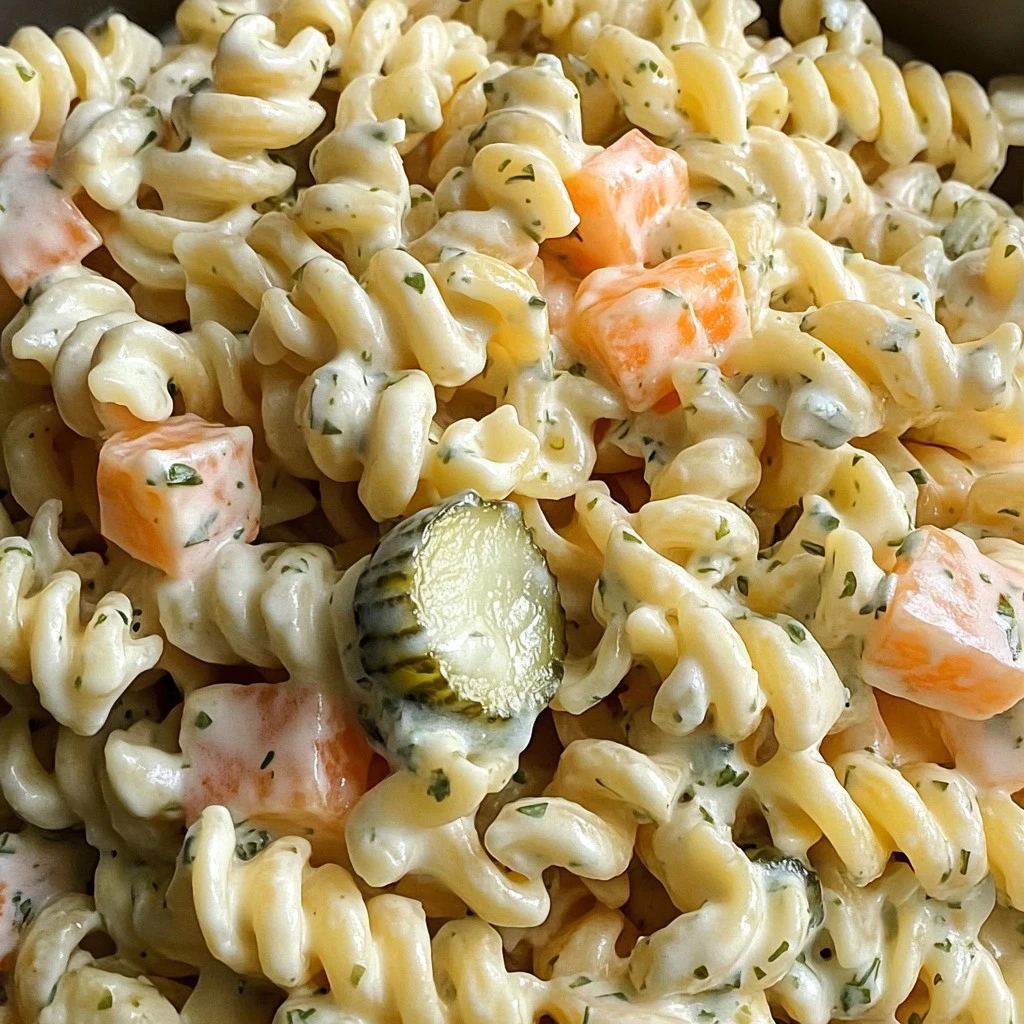 Tasty dill pickle pasta salad served in a bowl with fresh ingredients