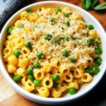 Delicious bowl of Ditalini pasta with peas and Parmesan cheese
