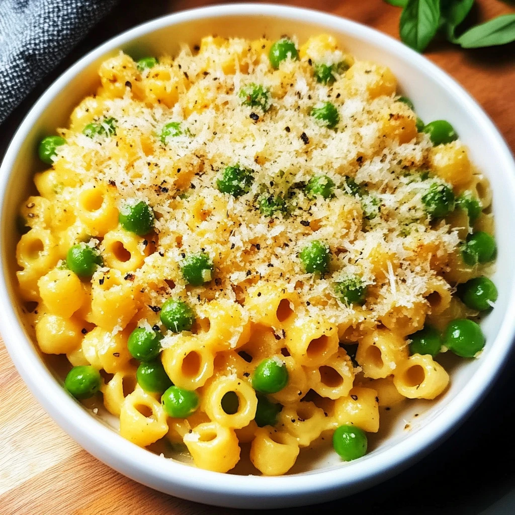 Delicious bowl of Ditalini pasta with peas and Parmesan cheese