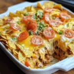 Delicious Dorito Casserole served in a baking dish, topped with cheese and Doritos.