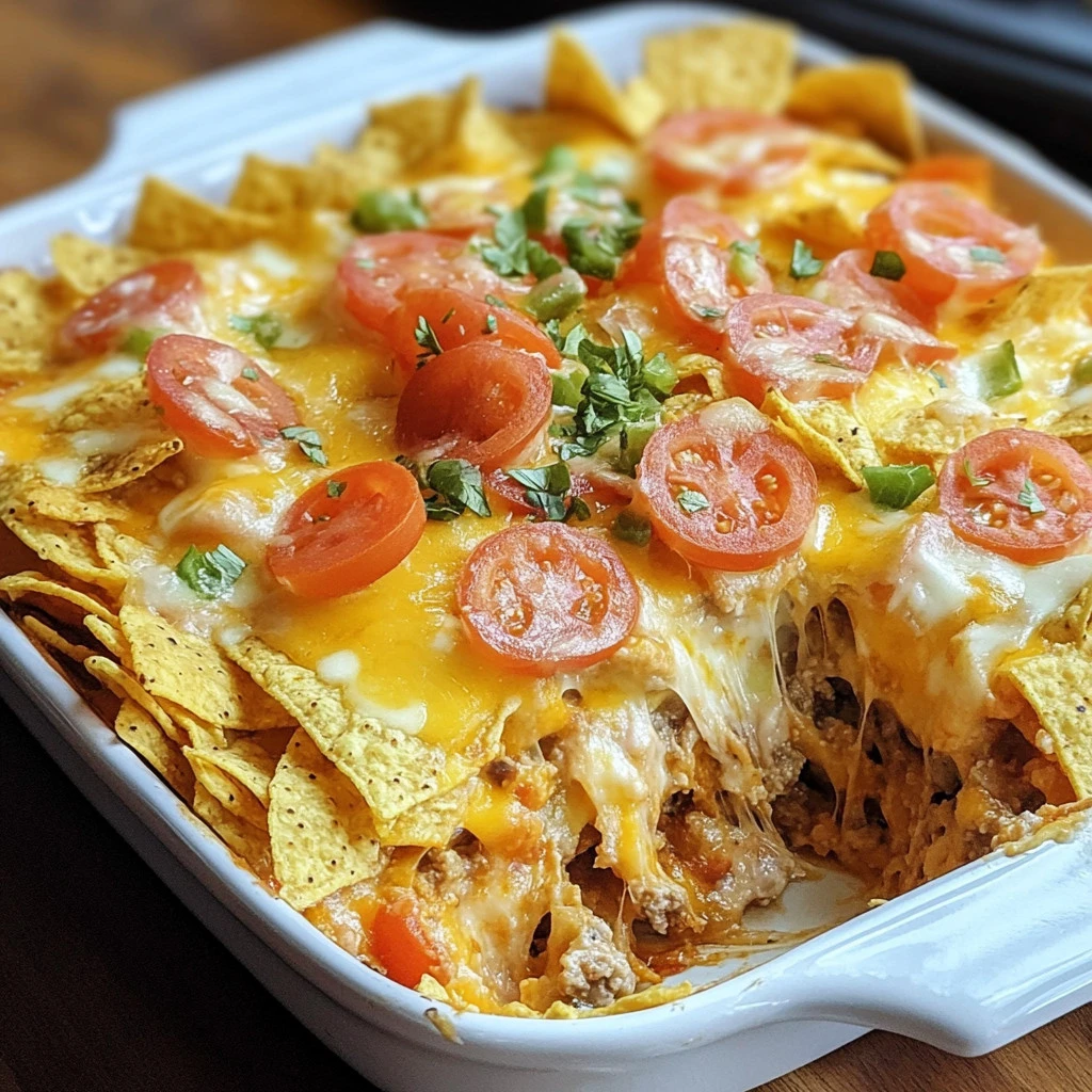 Delicious Dorito Casserole served in a baking dish, topped with cheese and Doritos.