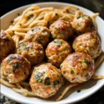 Easy baked chicken meatballs served with marinara sauce and herbs