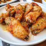 Plate of delicious easy lemon-pepper chicken wings garnished with herbs