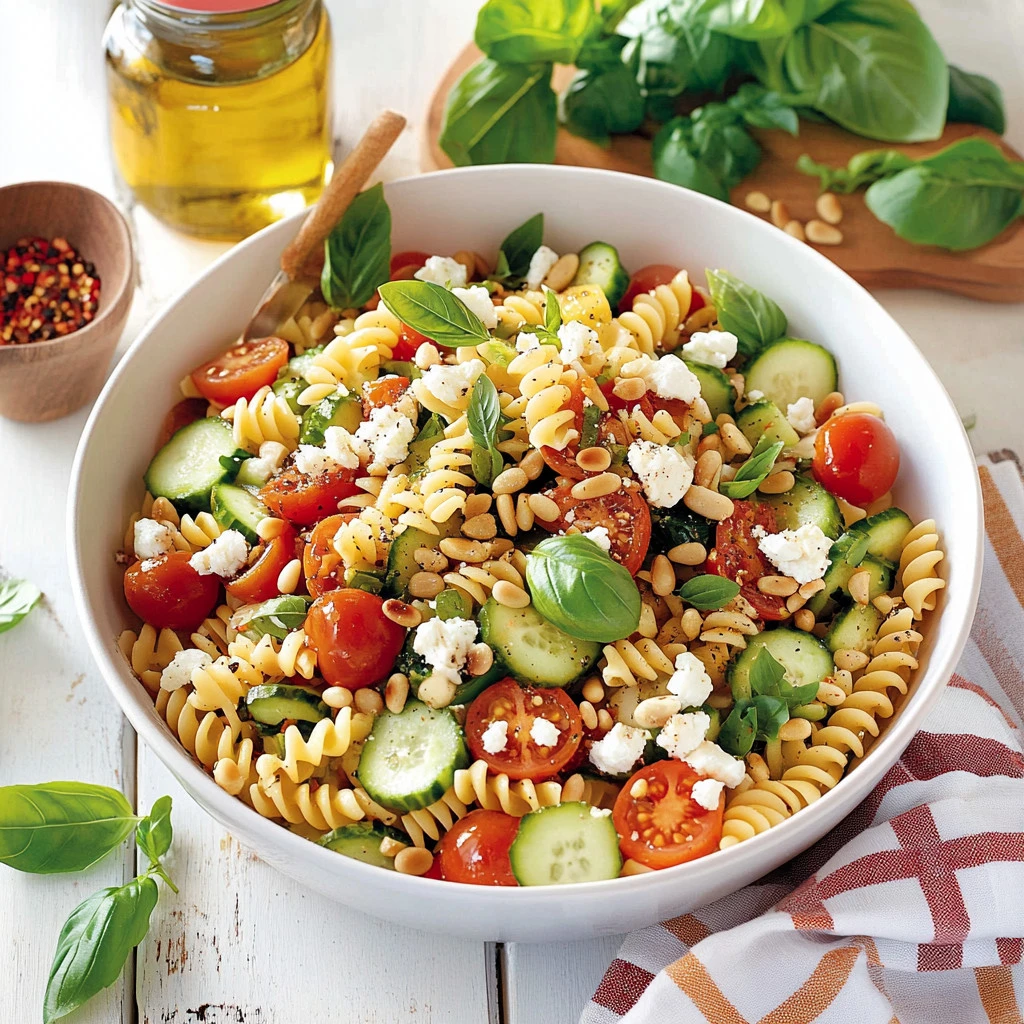 Delicious easy pasta salad with fresh vegetables and dressing