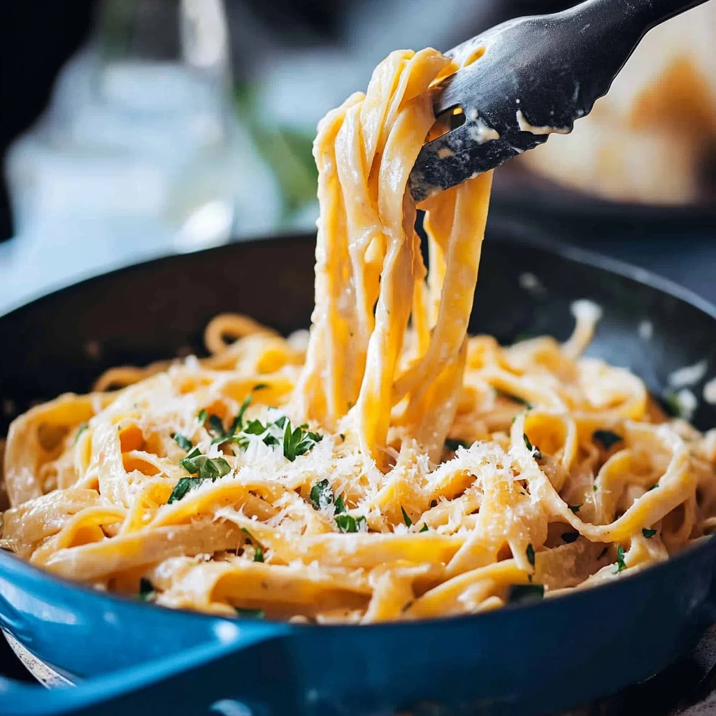 Creamy Fettuccine Alfredo served with parsley garnish