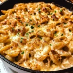 Delicious serving of French Onion Pasta topped with melted cheese and caramelized onions