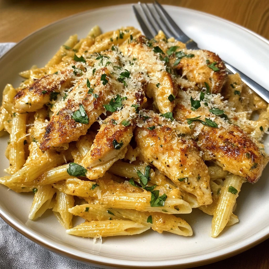 Garlic Parmesan Chicken served with pasta and garnished with parsley