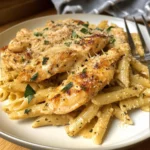 Delicious Garlic Parmesan Chicken served with pasta in a creamy sauce.