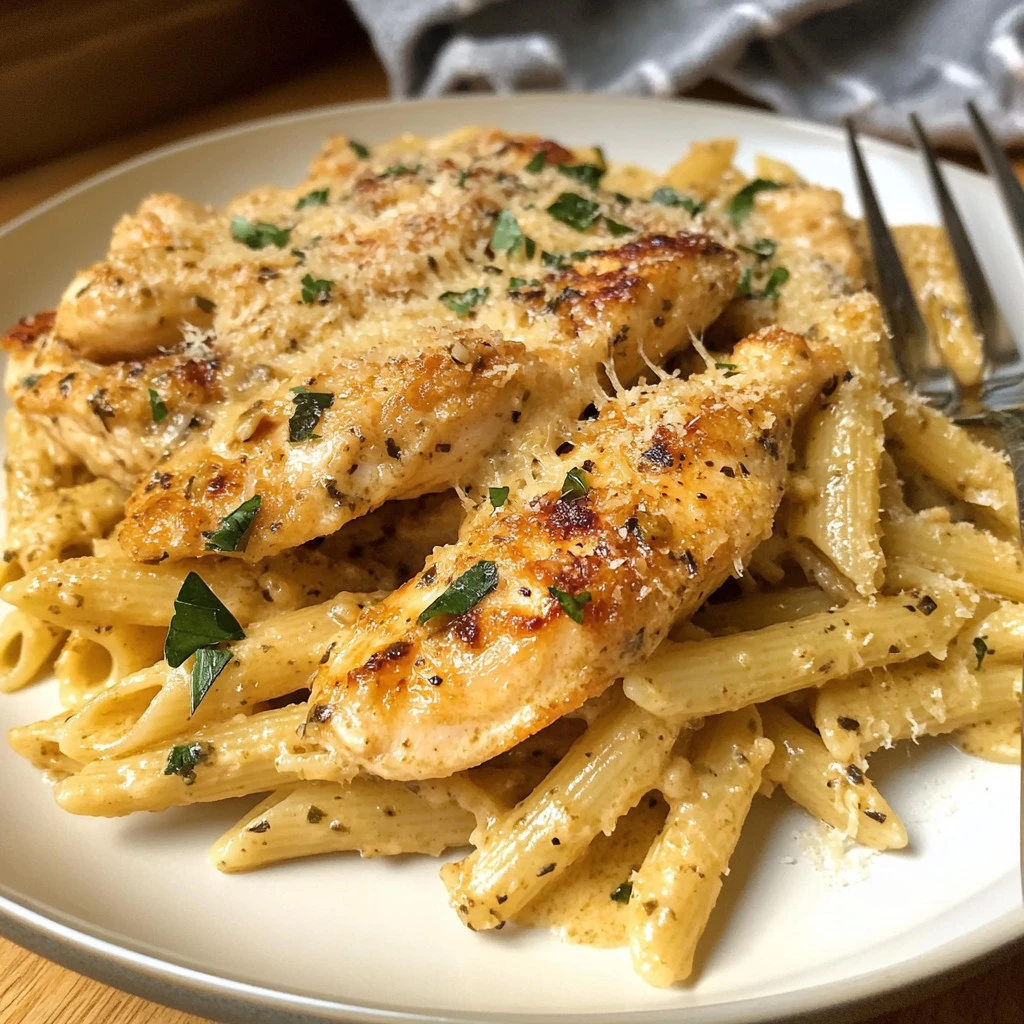 Delicious Garlic Parmesan Chicken served with pasta in a creamy sauce.