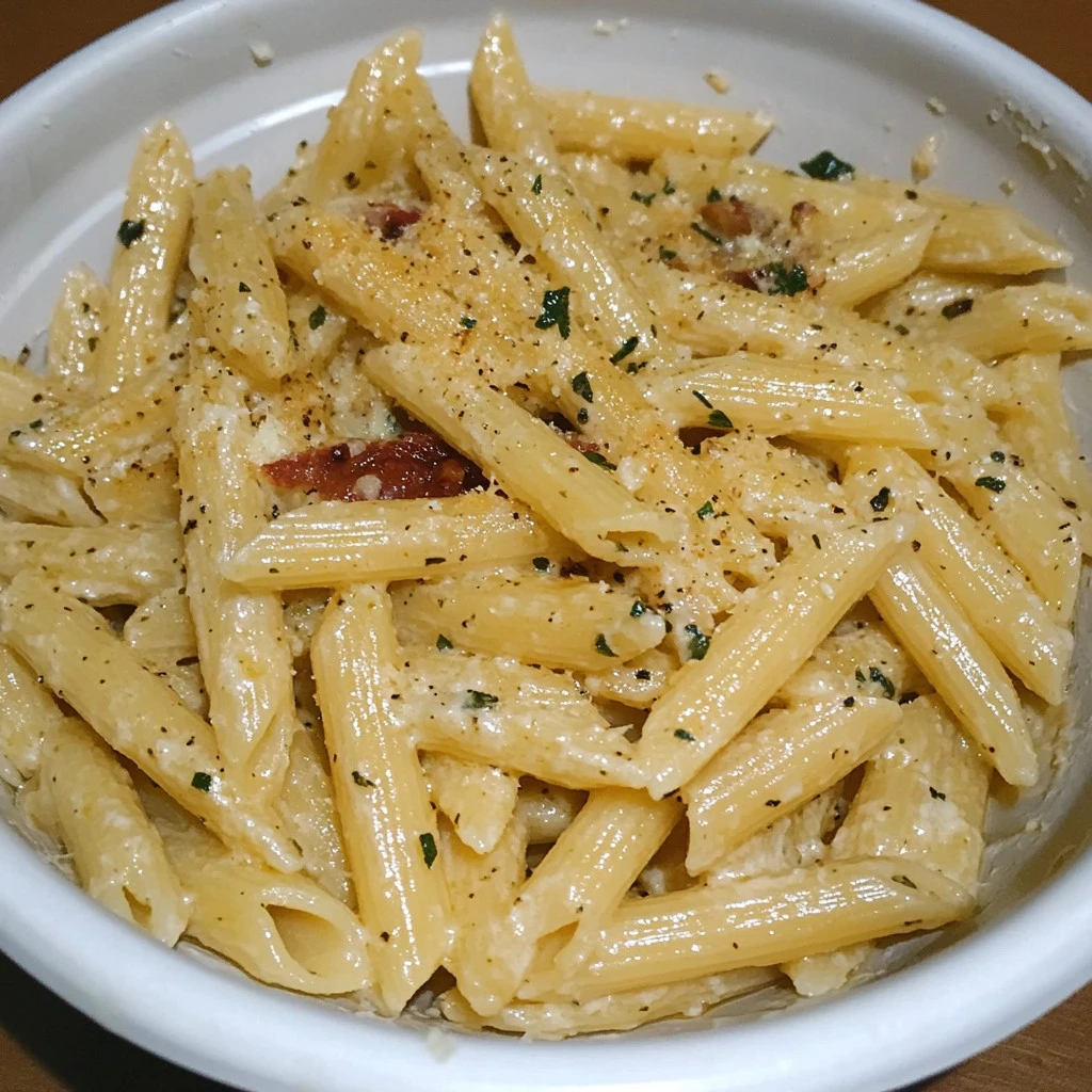Delicious garlic penne pasta served with herbs and Parmesan cheese