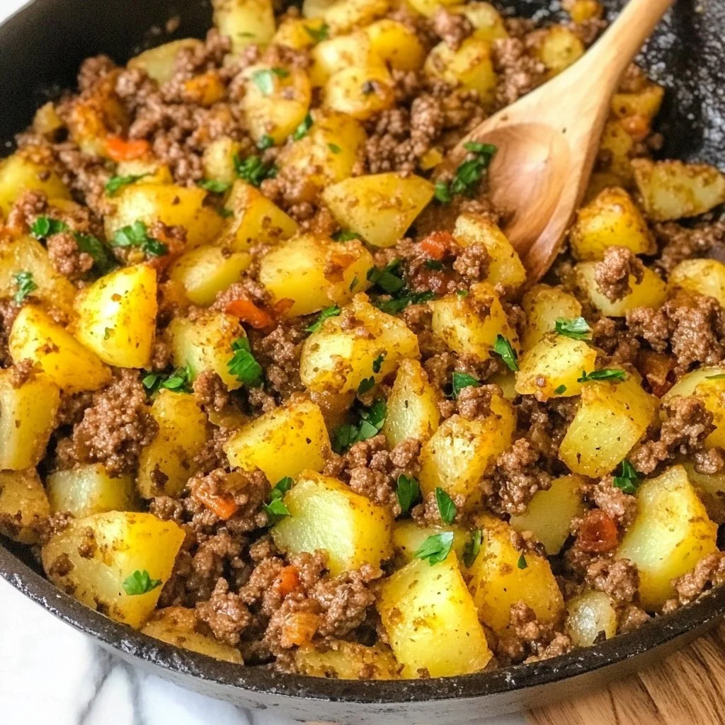 Ground beef and potato skillet served in a frying pan with vegetables.