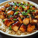 Plate of Honey BBQ Chicken served over rice with garnishes