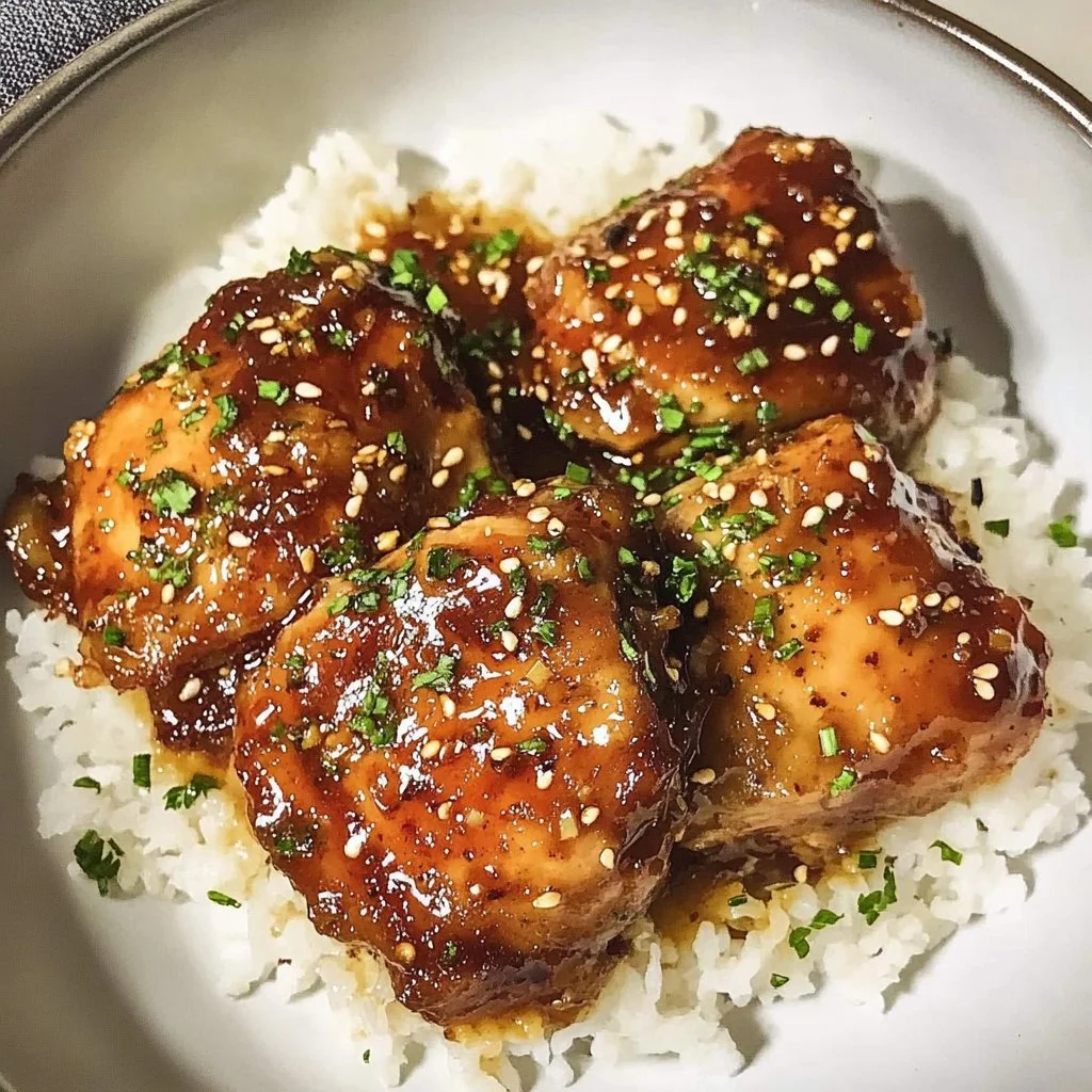 Delicious Honey Garlic Chicken Thighs glazed with sweet sauce