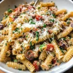 Fresh Italian pasta salad with vegetables and dressing served in a bowl