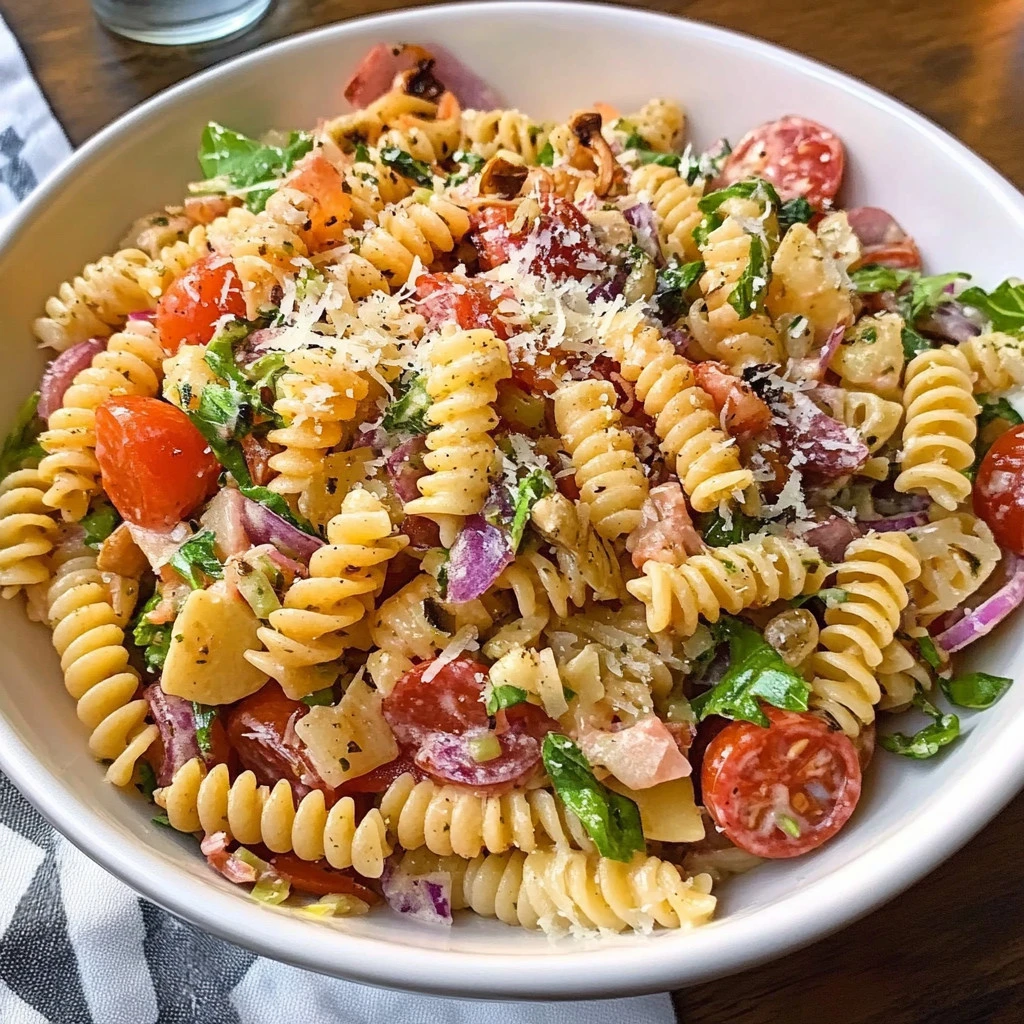 Colorful Italian Pasta Salad with vegetables and dressing
