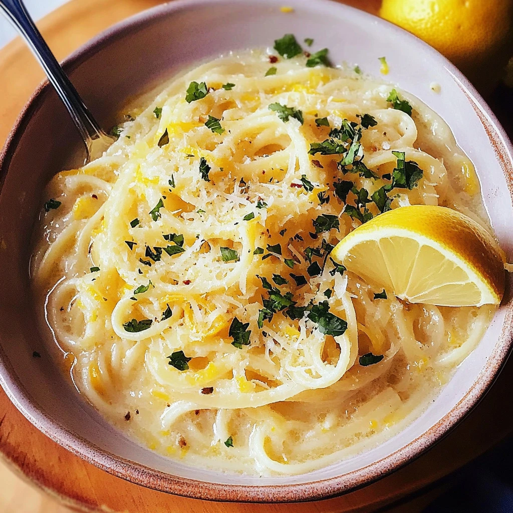 Delicious plate of lemon pasta garnished with herbs and lemon zest.
