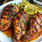 Marinated chicken quarters ready for grilling with spices and herbs
