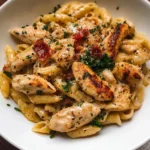 Delicious Marry Me Chicken Pasta served in a bowl with garnishes.