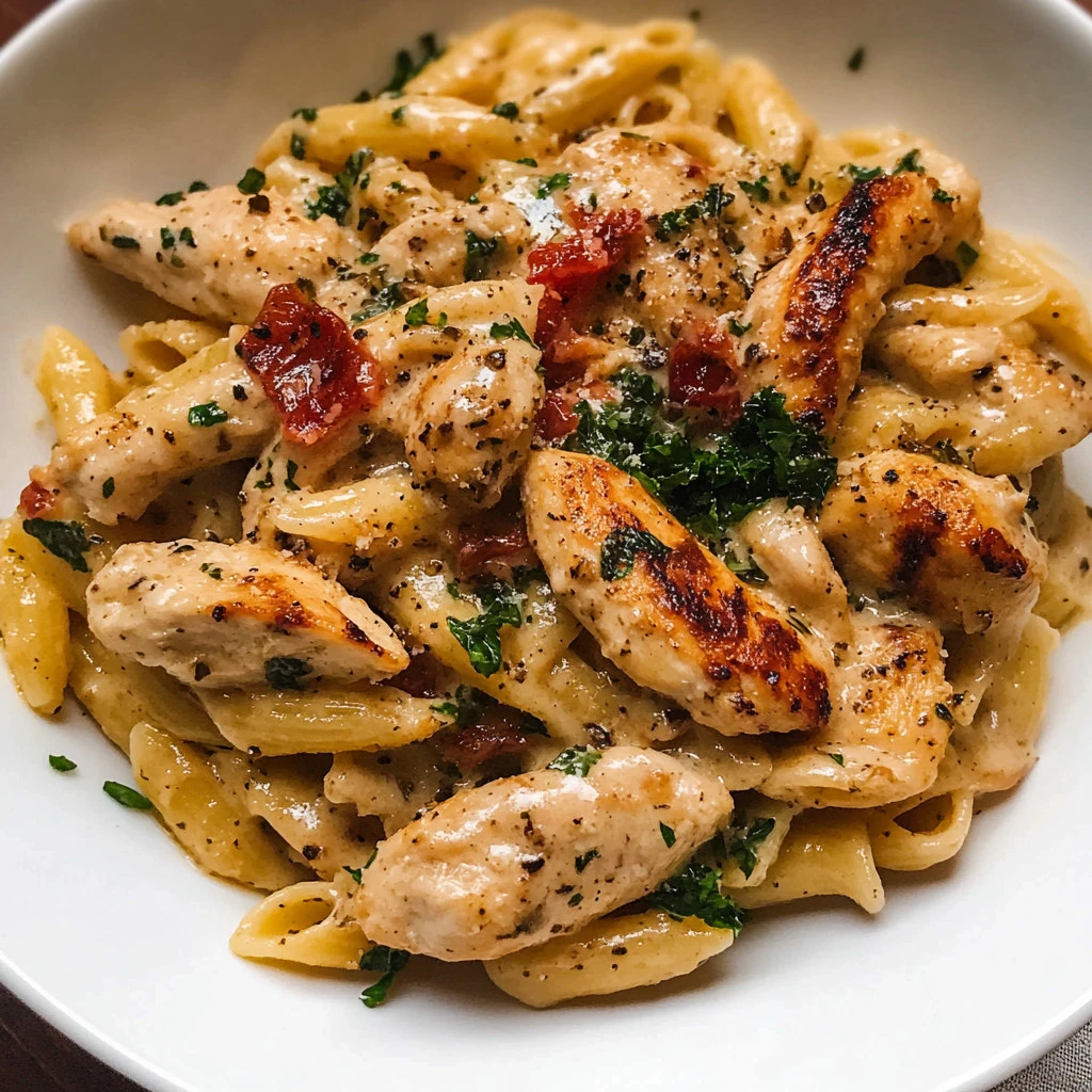 Delicious Marry Me Chicken Pasta served in a bowl with garnishes.