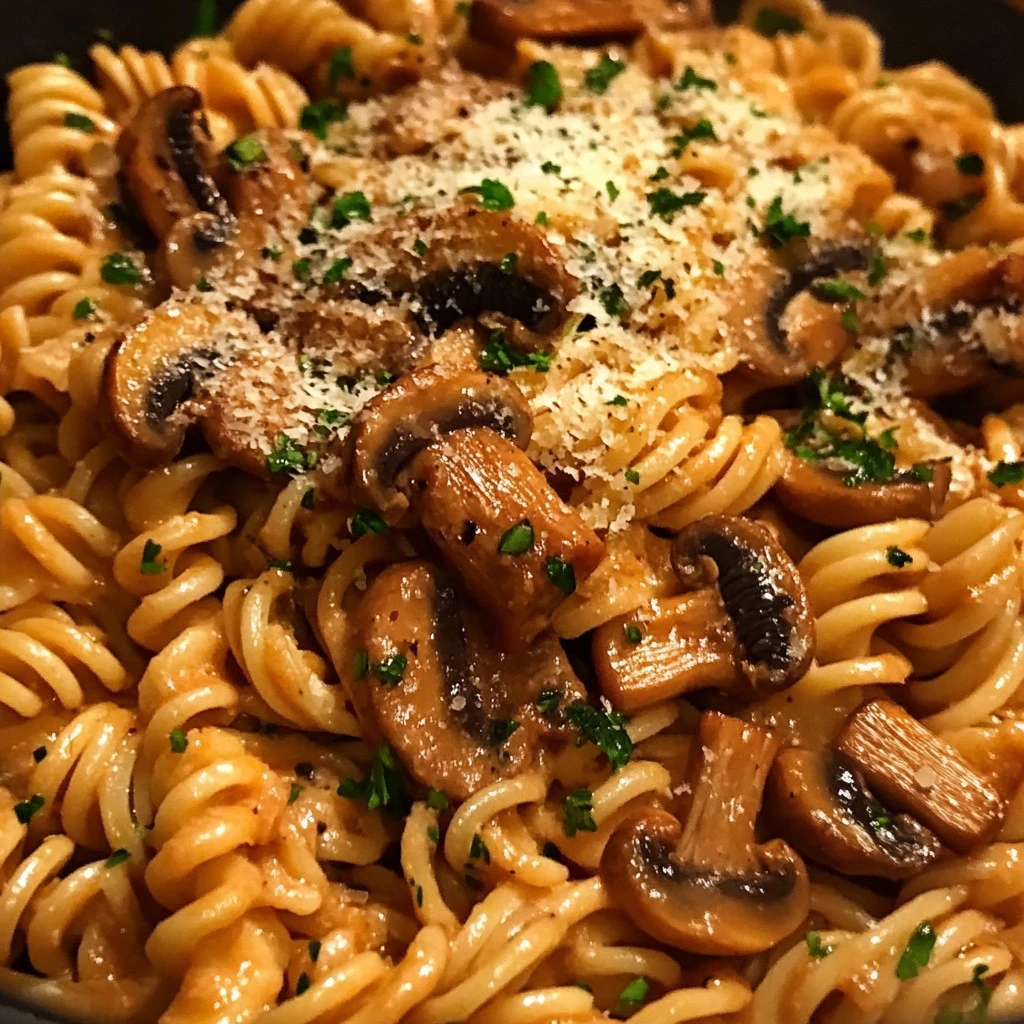 Delicious plate of creamy mushroom pasta garnished with fresh herbs.