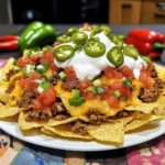 Plate of nachos topped with taco seasoning and cheese
