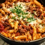 Delicious one-pot Cajun Beef Pasta dish garnished with fresh herbs.