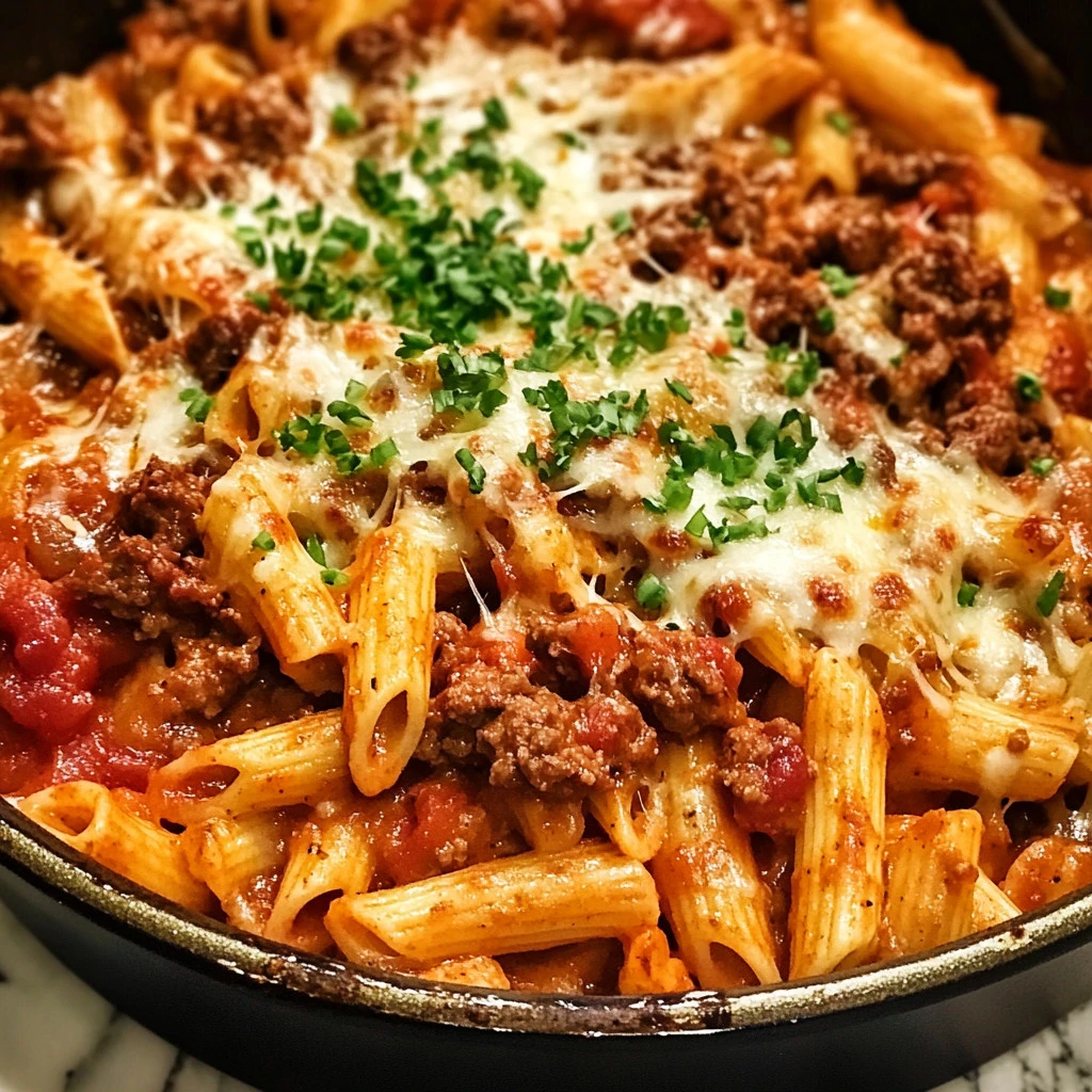 Delicious one-pot Cajun Beef Pasta dish garnished with fresh herbs.