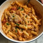 Delicious one pot creamy tomato beef pasta garnished with herbs