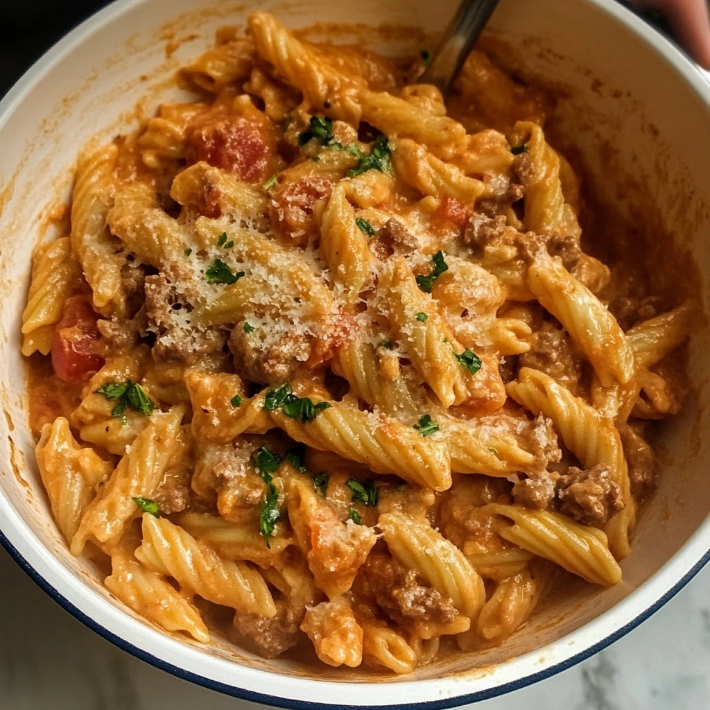 Delicious one pot creamy tomato beef pasta garnished with herbs