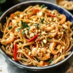 Delicious Pad Thai topped with fresh herbs and lime, served in a bowl.