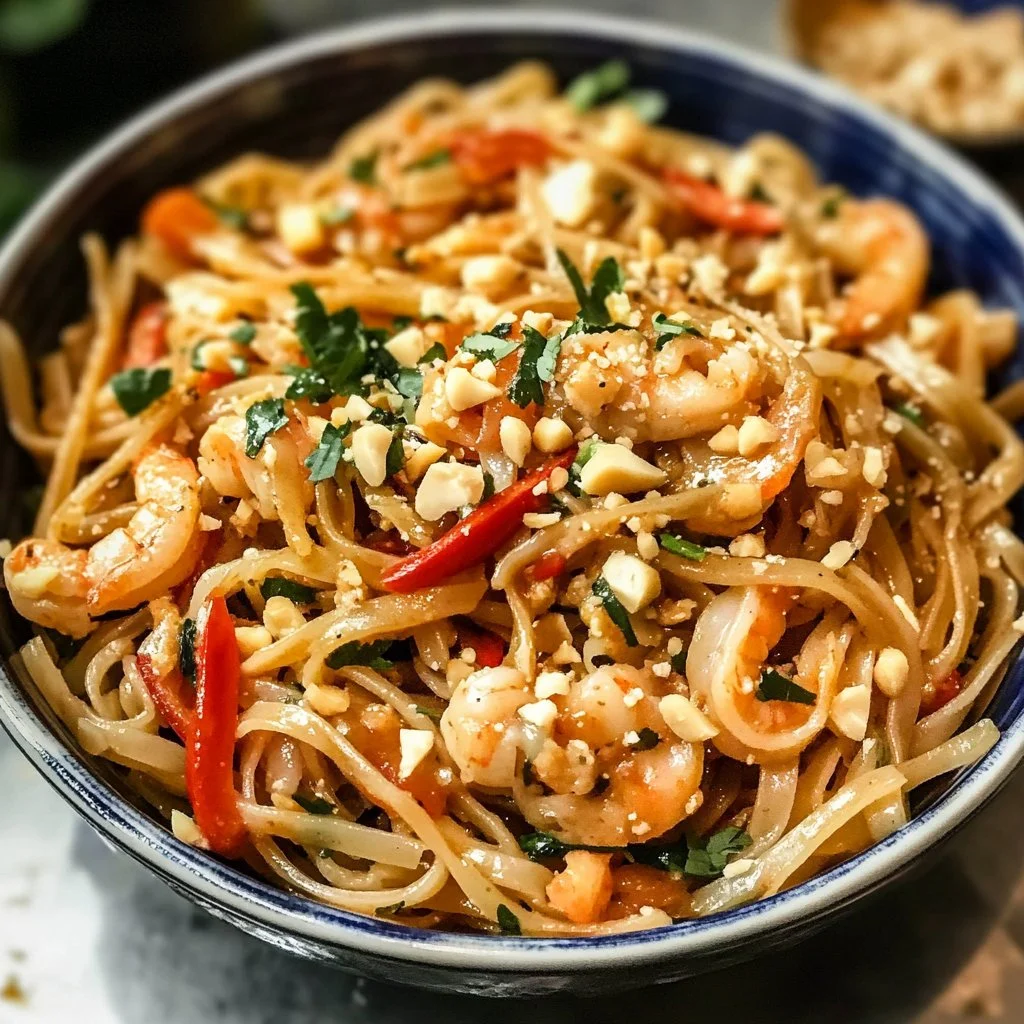 Delicious Pad Thai topped with fresh herbs and lime, served in a bowl.