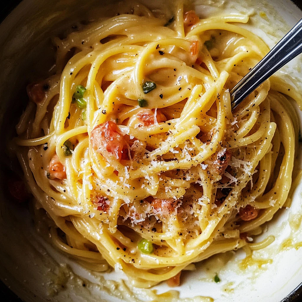 Delicious Pasta Carbonara garnished with parsley and cheese