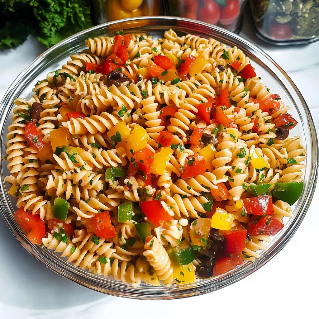 Colorful bowl of pasta salad with vegetables and dressing