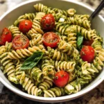 Delicious pesto pasta salad with fresh vegetables and herbs