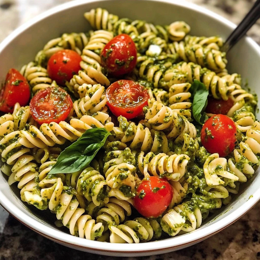Delicious pesto pasta salad with fresh vegetables and herbs