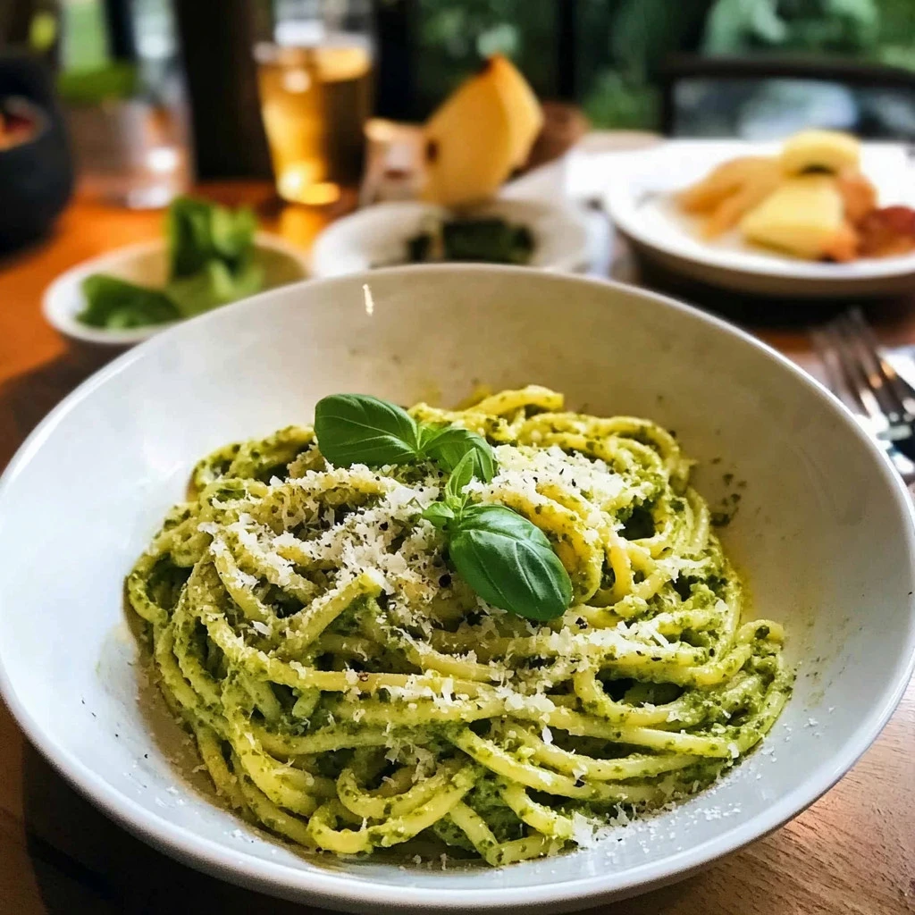 A bowl of flavorful pesto pasta topped with fresh basil and parmesan cheese