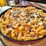 Philly Cheesesteak Pasta topped with melted cheese and fresh herbs