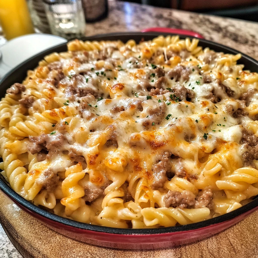 Philly Cheesesteak Pasta topped with melted cheese and fresh herbs