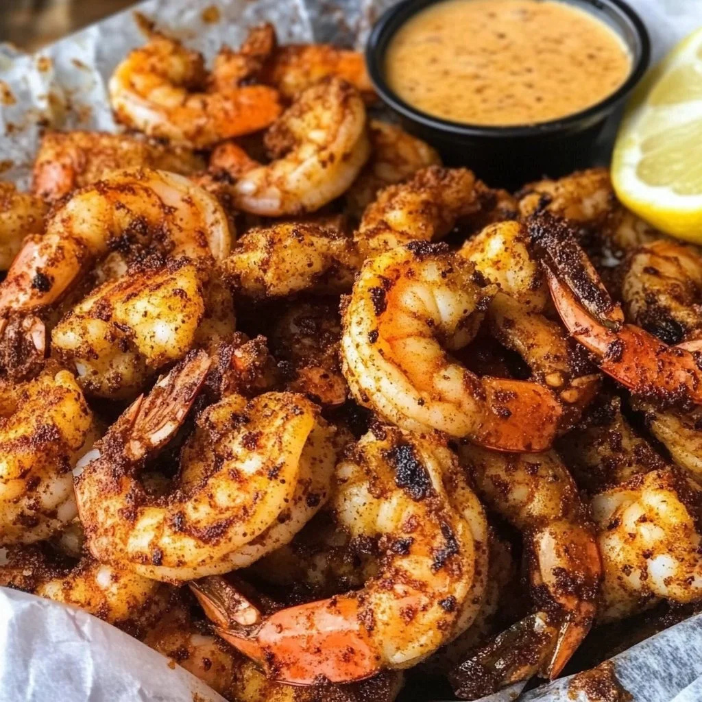 Plate of quick and easy blackened shrimp with spices and herbs